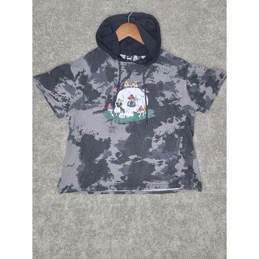 Mushroom Skull WXYZ Black Gray Tie Dye Camo Hooded Shirt Womens Size Large